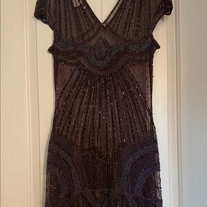 Chic Embellished Mini Dress in Dark Brown
